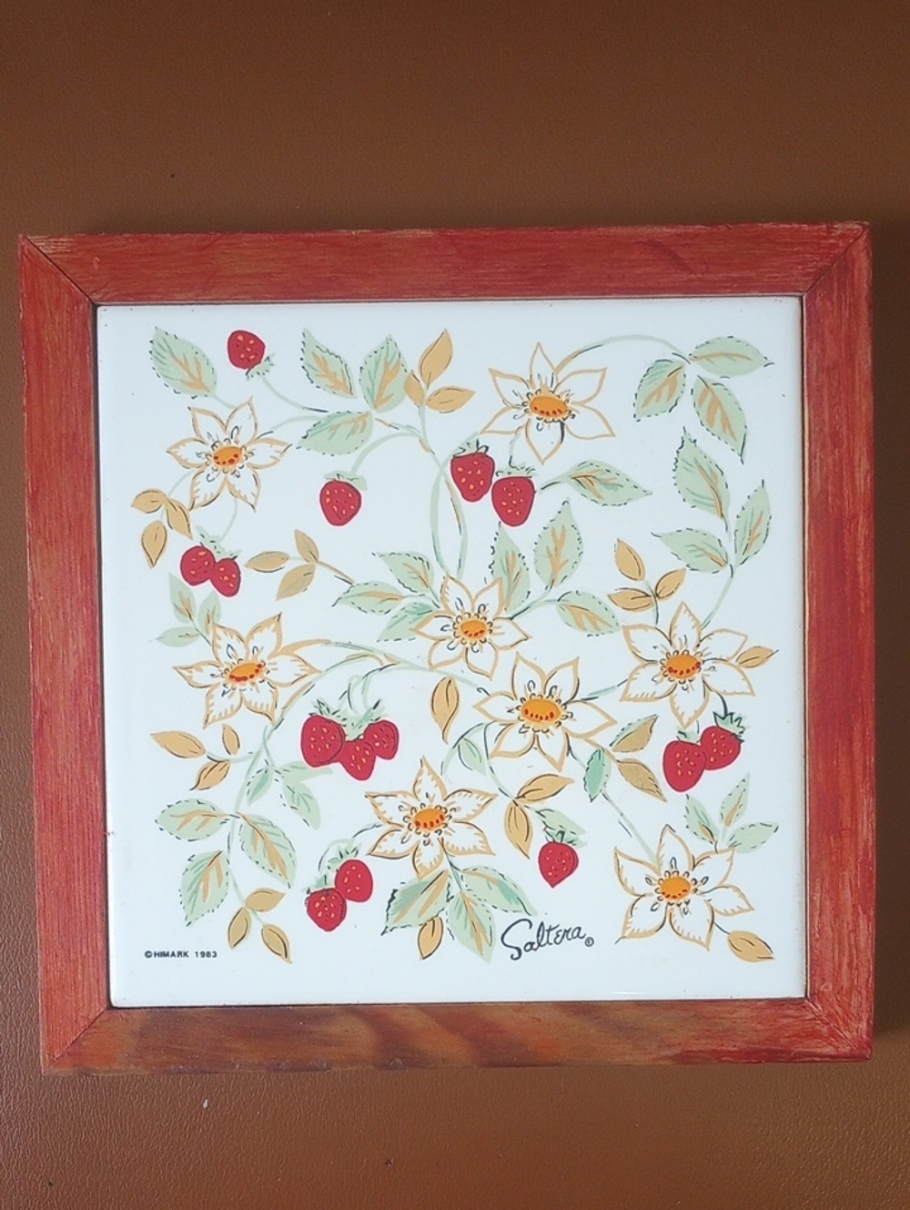 Saltera Vintage Himark 1983 Ceramic Strawberry & Floral Trivet w/ Wood Frame